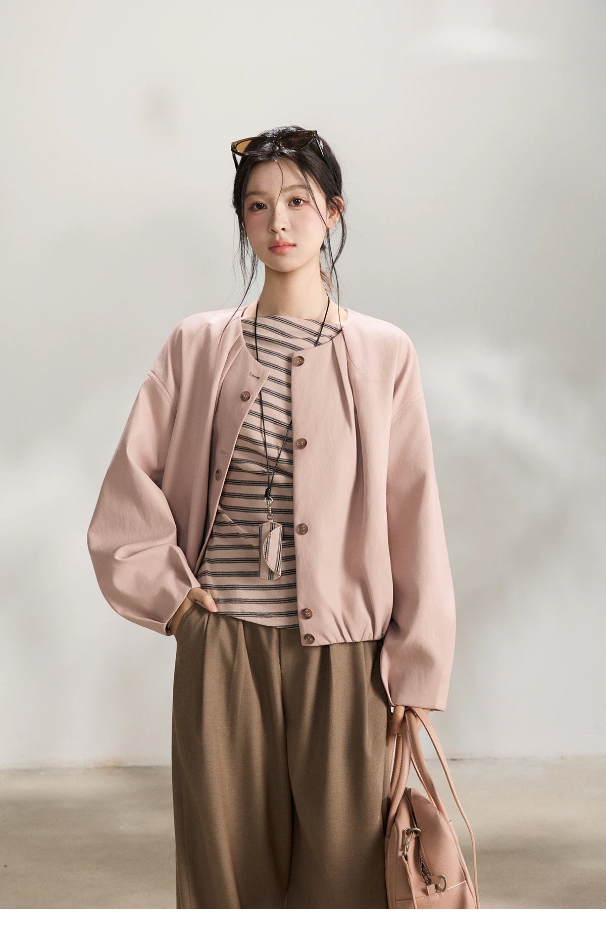 MISHOW Pink Flower Bud Leather Jacket Crew Neck Single-Breasted MXF108W1001