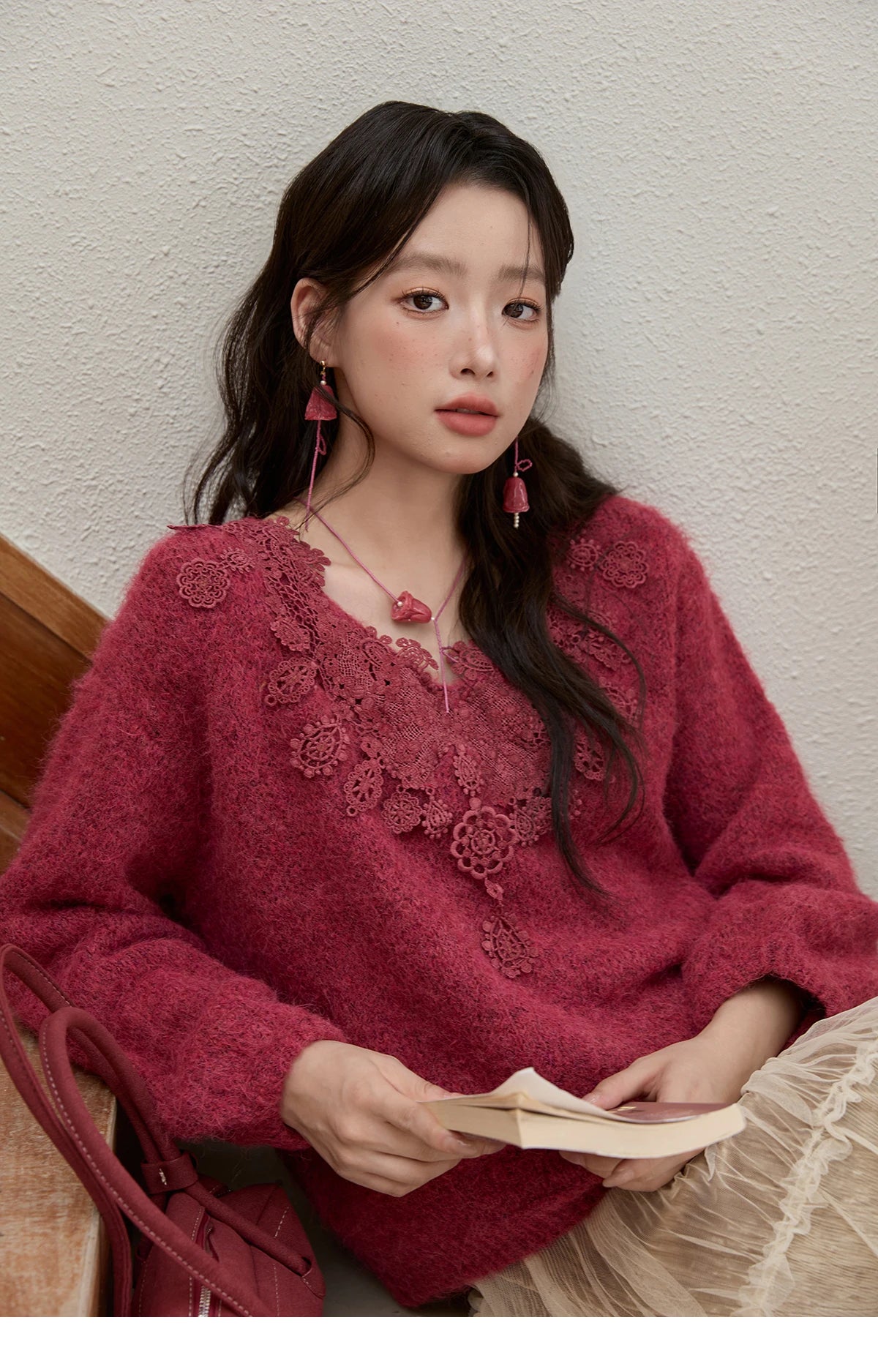 Mishow Pink Lace Wool V-Neck Lantern Sleeve Pullover MXE51Z2632