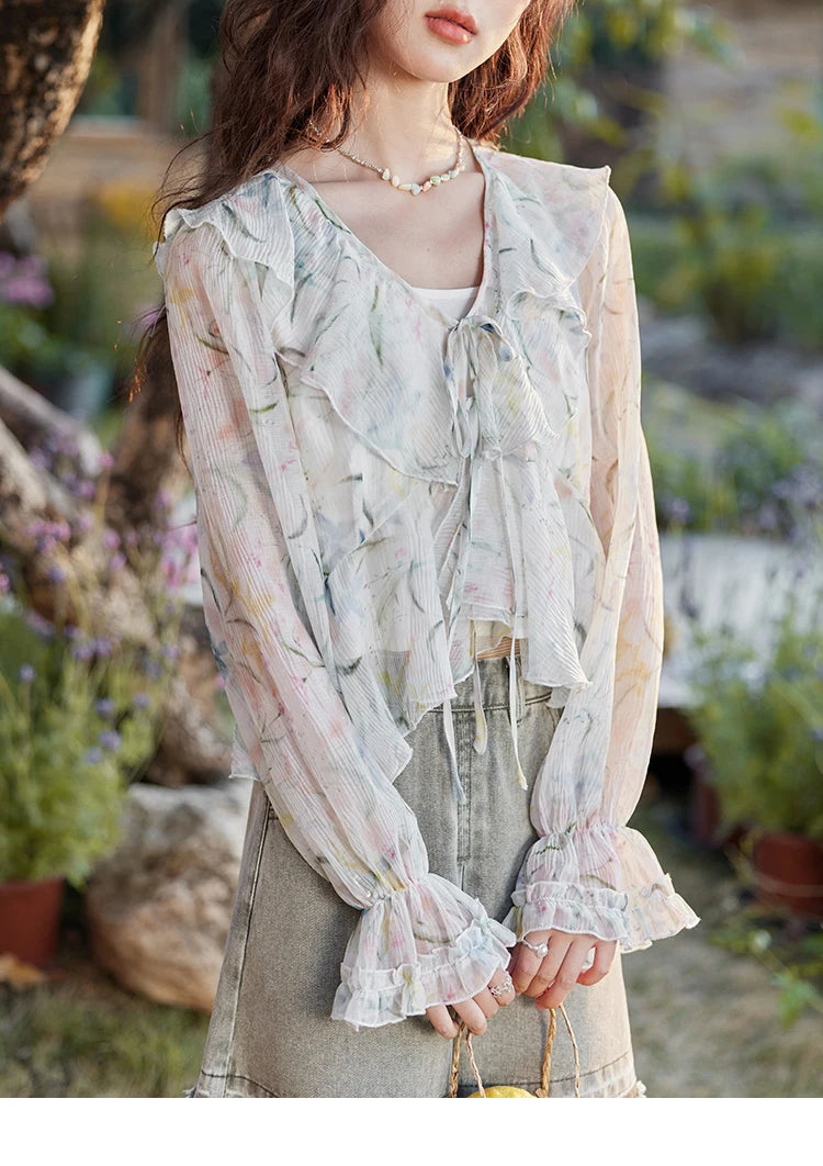 MISHOW Floral Blouse with Camisole Set V-Neck Lace Up MXE13X1718