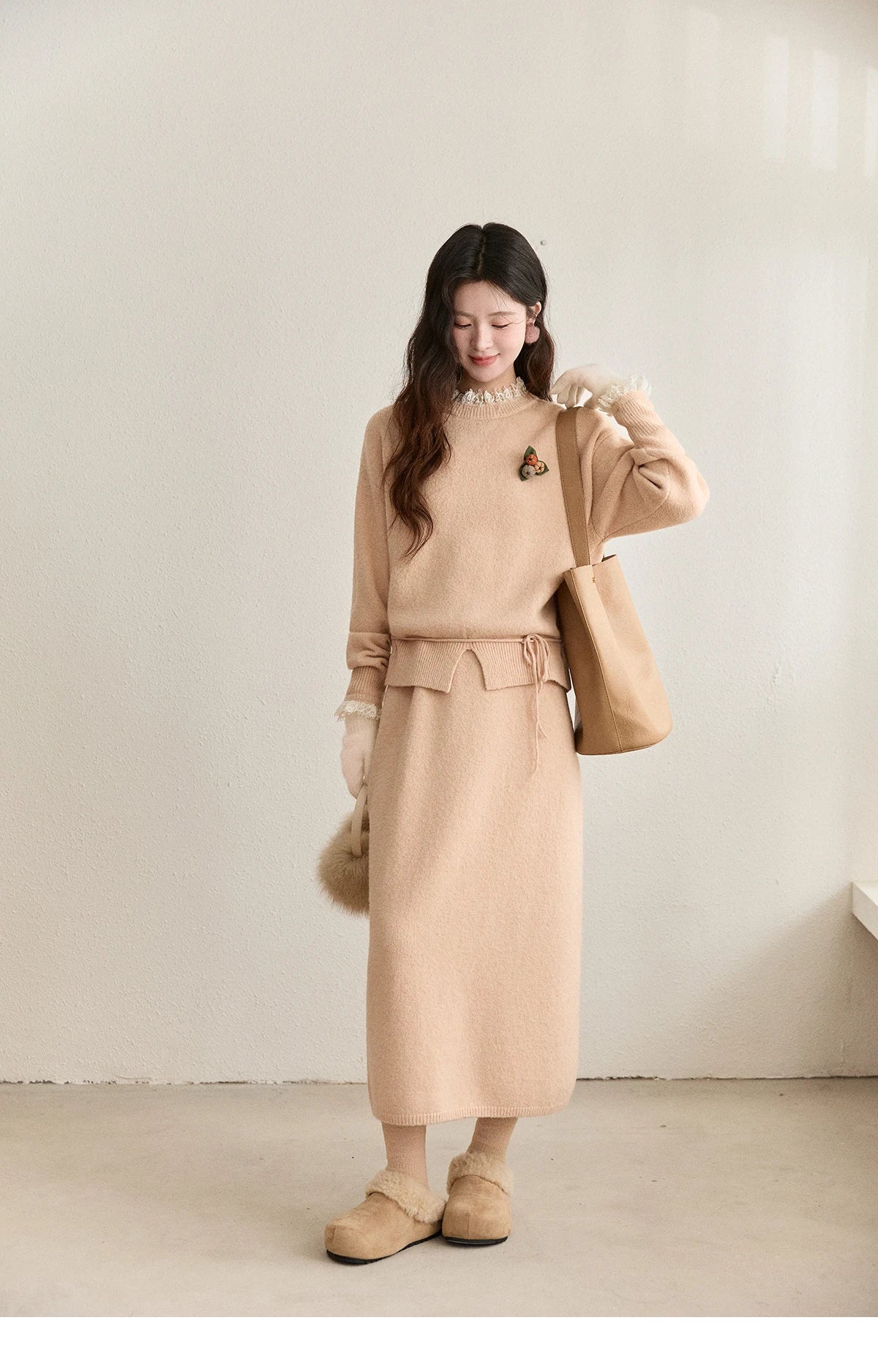 Mishow Lace Trim Knit Sweater & Back Split Midi Skirt Set MXE92T1450