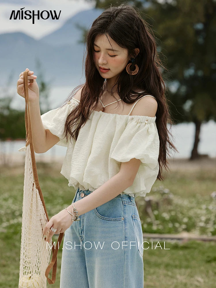 MISHOW French Camisole Shirt Off-Shoulder Lace Puff Sleeve MXE33X1755