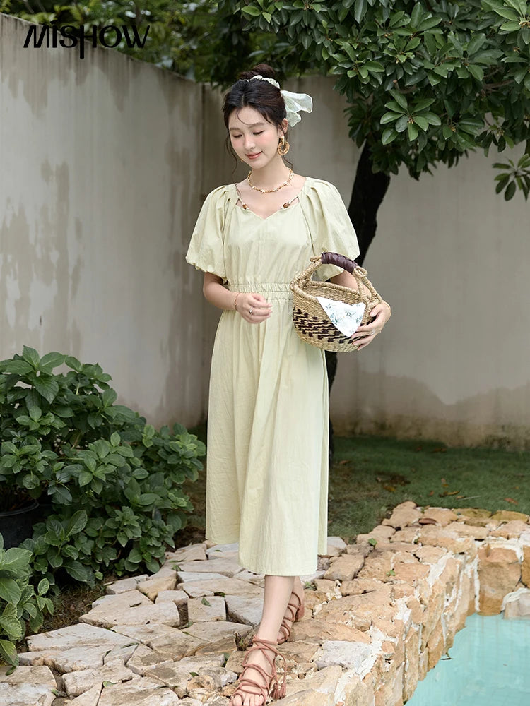 Mishow French V-Neck Bubble Sleeve Back Green Dress MXD22L1825