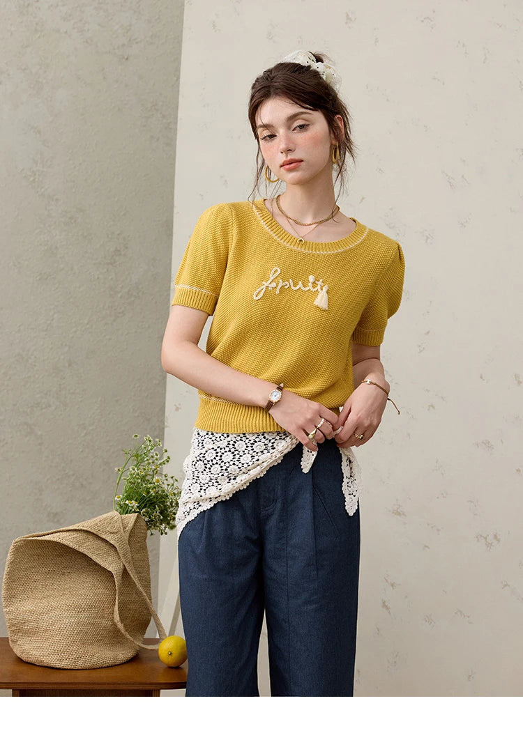 Mishow French Letter Short Sleeve Round Neck Pullover MXE33Z1219