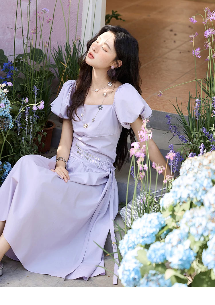 Mishow French Purple Puff Sleeve Square Neck Dress MXE34L2222