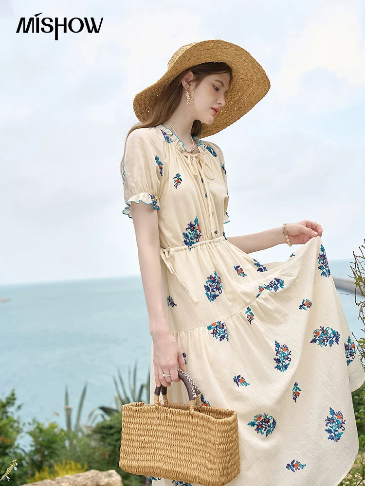 Mishow French Embroidered Flower Drawstring Dress MXD24L1835