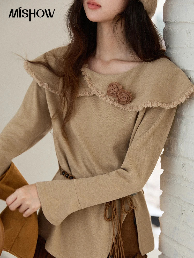Mishow Retro Brown 3D Flower Decoration Round Neck Top MXE51Z2593