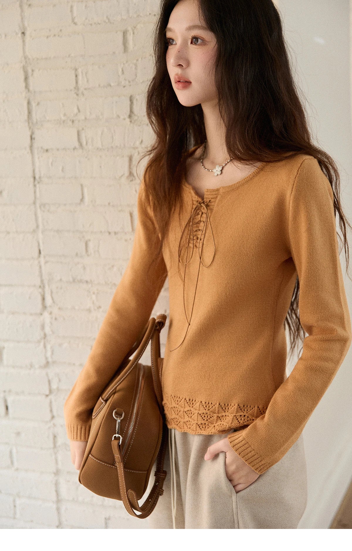 Mishow Beige Contrast French Hem Crochet Sweater MXE89Z2634