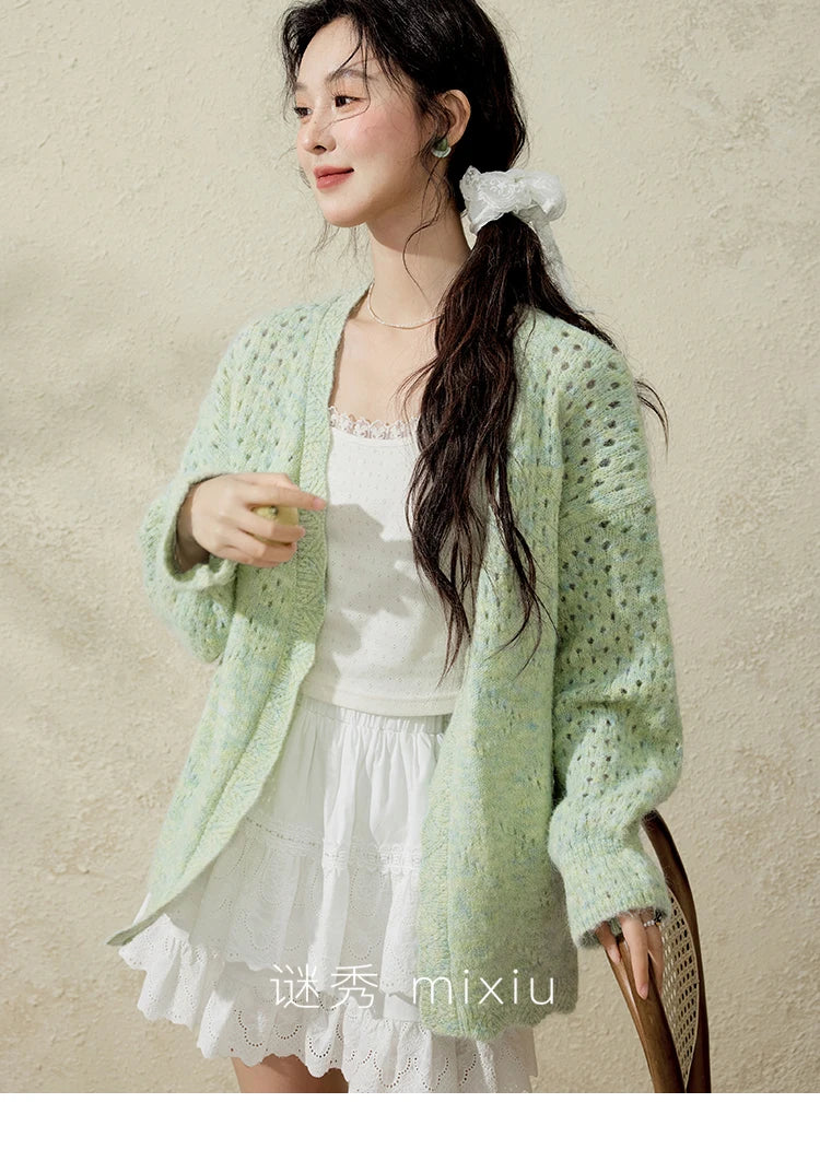 Mishow Green Hollow Out Wave Neck Cardigan MXE12Z1212