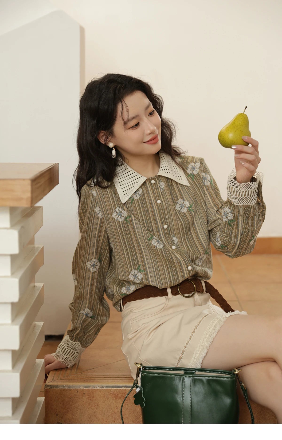 MISHOW Embroidered Shirt Hollowed Out Woven Lapel Lace Cuffs MXE44C2393