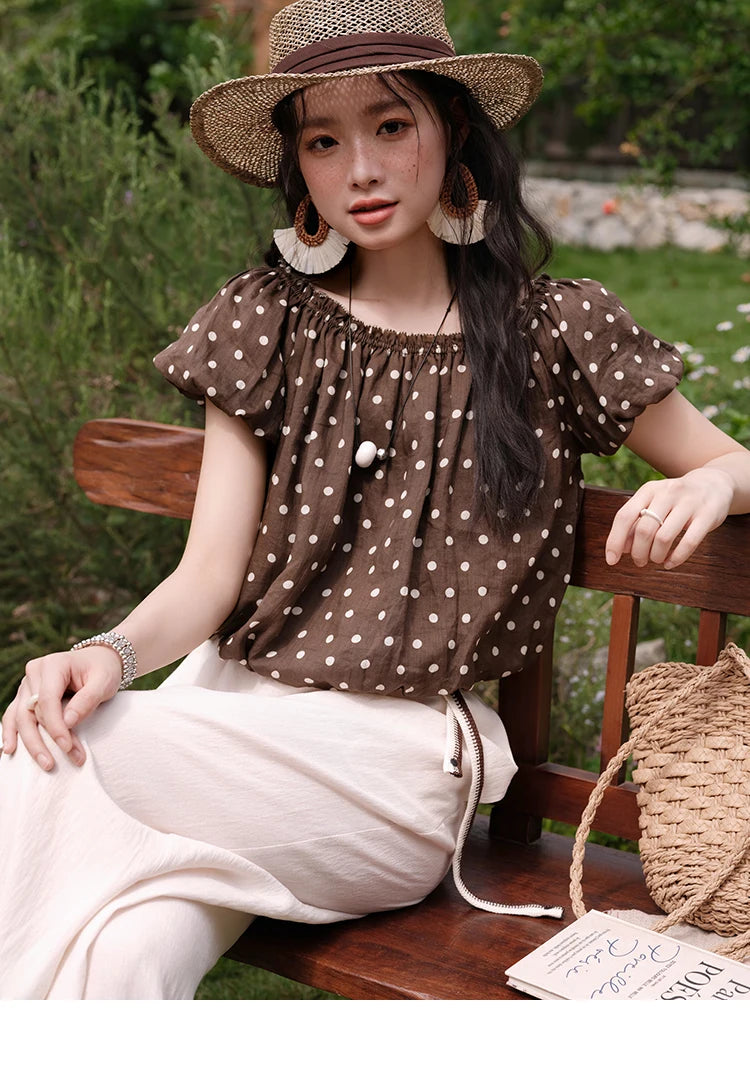 Mishow Polka Dot One Shoulder Puff Sleeve Top & Wide Leg Pants Set MXE38T0683