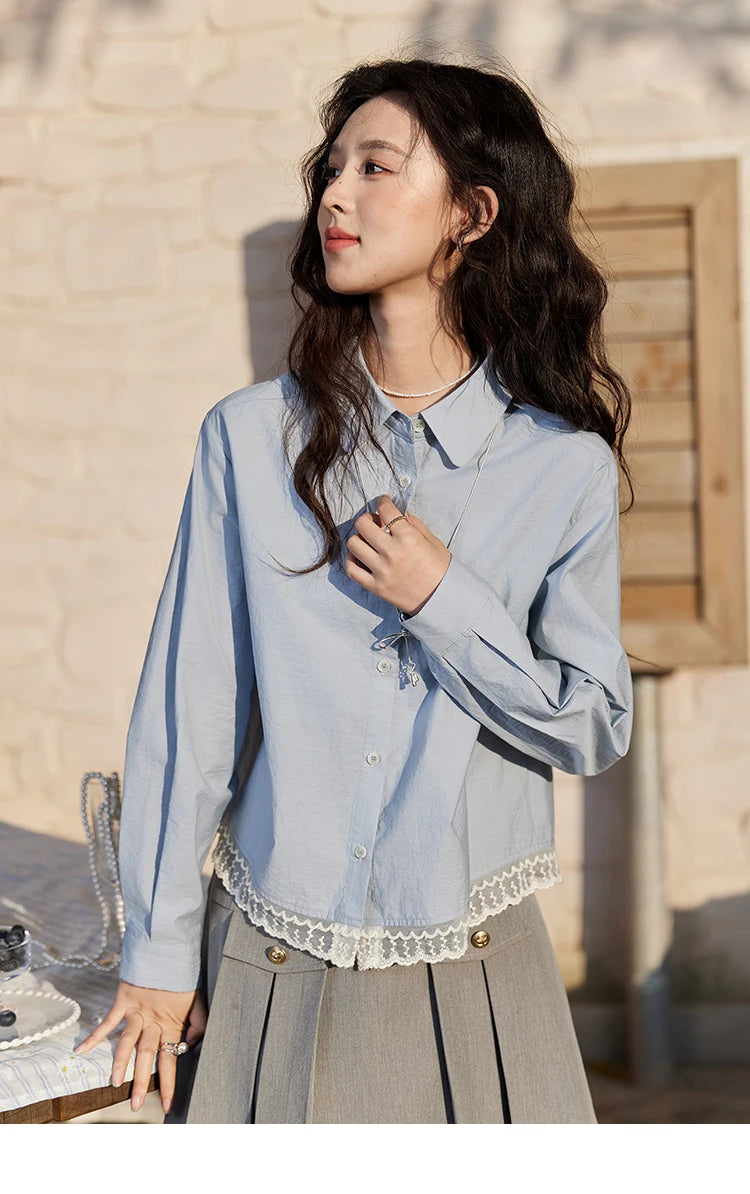 MISHOW Cotton Blue Shirt Hem Lace Lapel Collar MXE12C0410