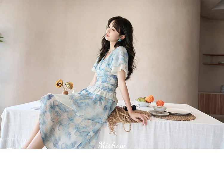 Mishow Van Gogh Double Layer Sleeve Asymmetrical Dress MXC39L1527