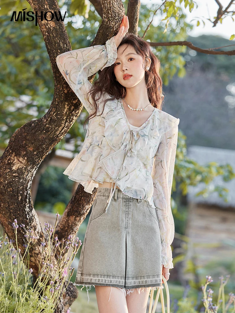 MISHOW Floral Blouse with Camisole Set V-Neck Lace Up MXE13X1718