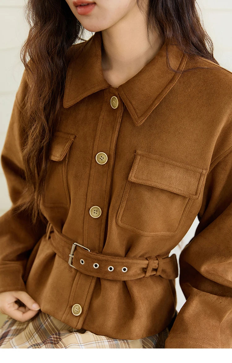 MISHOW Brown Lapel Jacket Metal Button Decorated Windproof MXE46W0864
