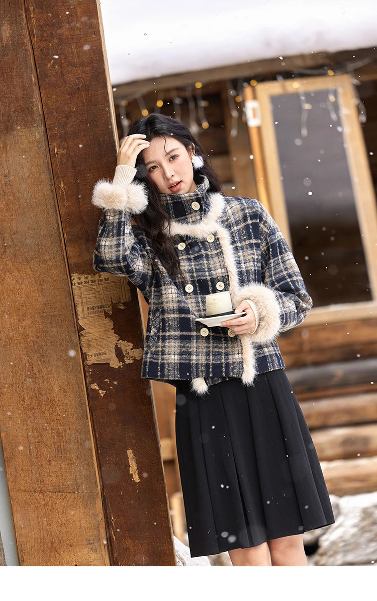 Mishow Vintage Plaid Fur Collar Stand Collar Jacket MXD36W0503