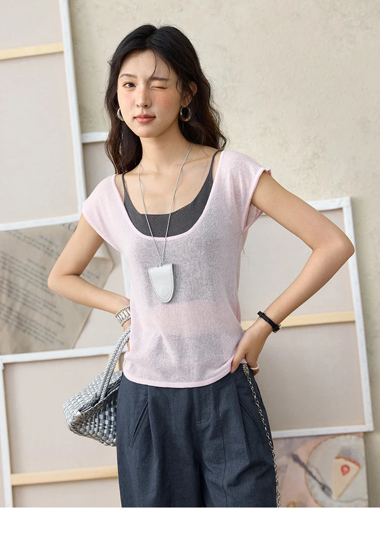 Mishow Linen Contrast Fake Two-Piece Knit Tee MXE36Z1277