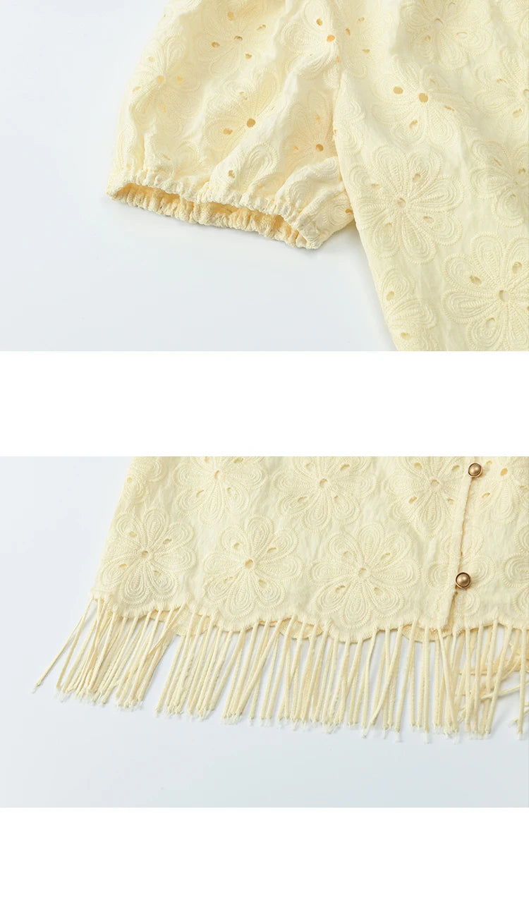 MISHOW Hollow Out Blouse Embroidery Puff Sleeve Square Collar Tassel MXE37X1851