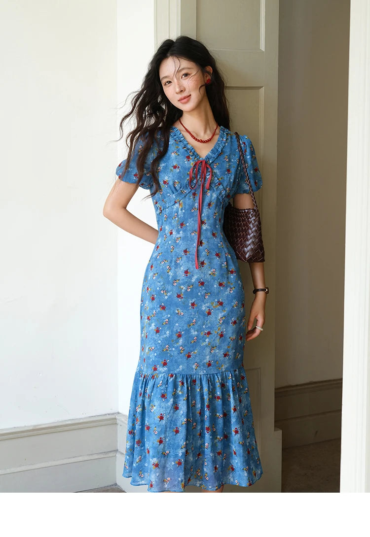 Mishow V-Neck Lace-Up Puff Sleeve Chiffon Dress MXE39L2401