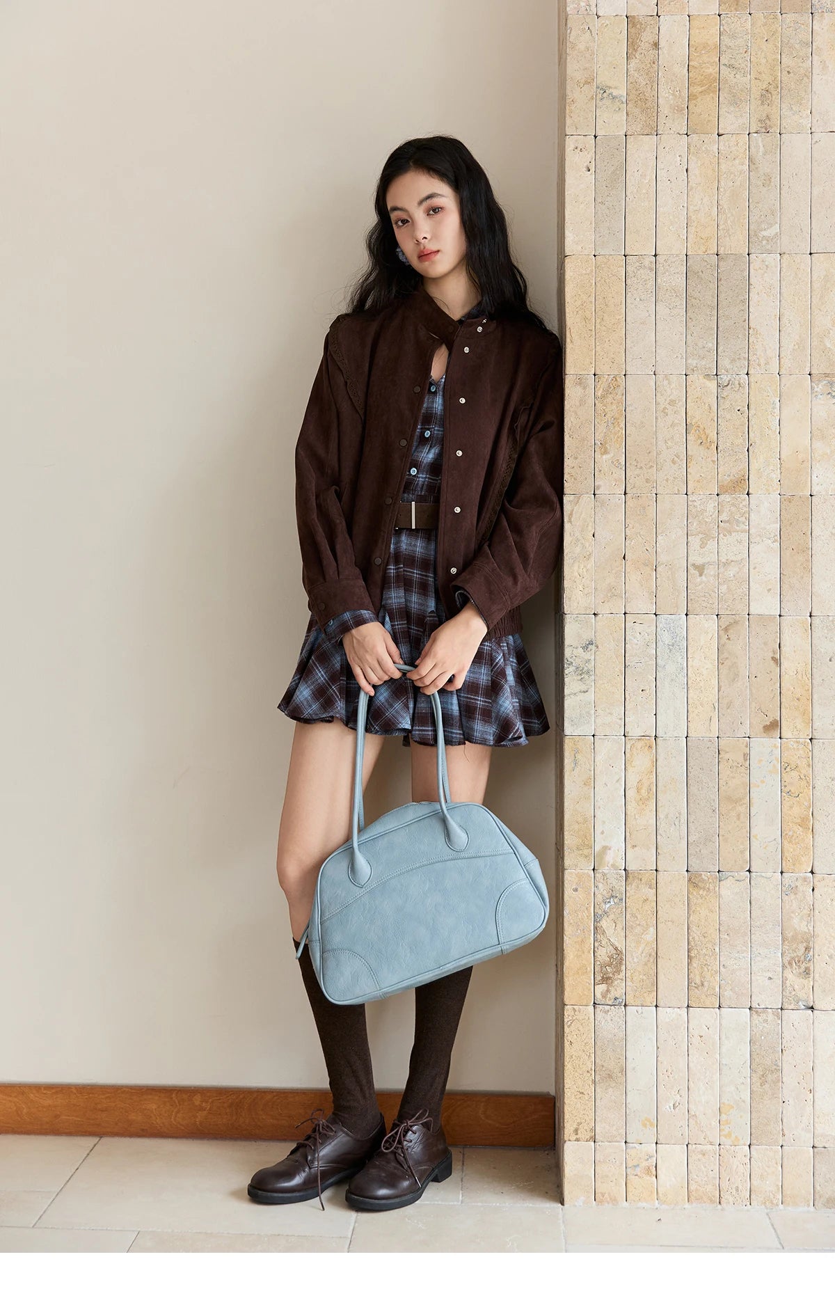 Mishow Blue Plaid Turn-Down Collar Belt Dress MXE48L2525