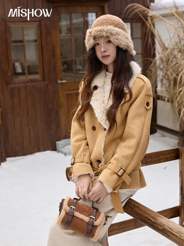 MISHOW Suede Lambskin Fleece Coat Double Breasted Windproof MXE86W0907