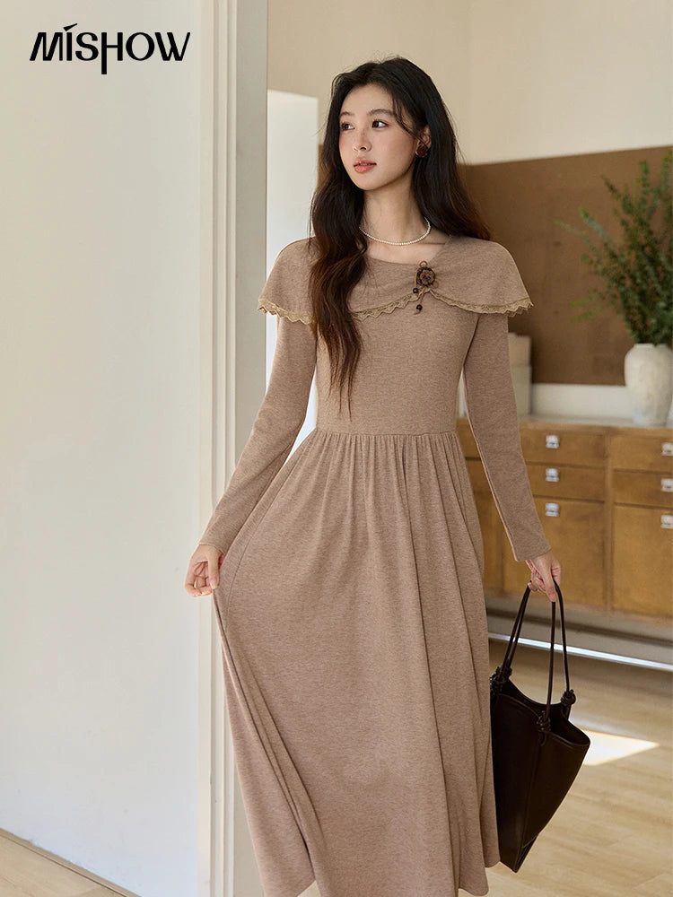 Mishow Khaki Large Collar Pleated Knit Dress MXF11L2553