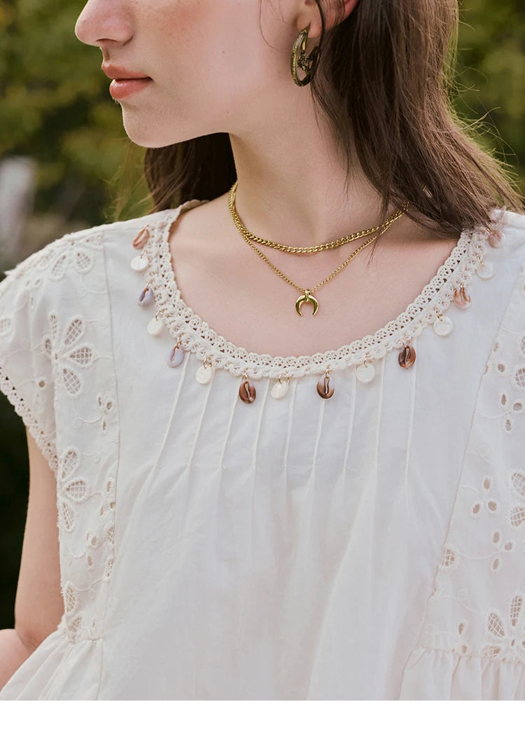 MISHOW Solid Short Flying Sleeve Blouse Round Neck Hollow Lace MXE33X1778