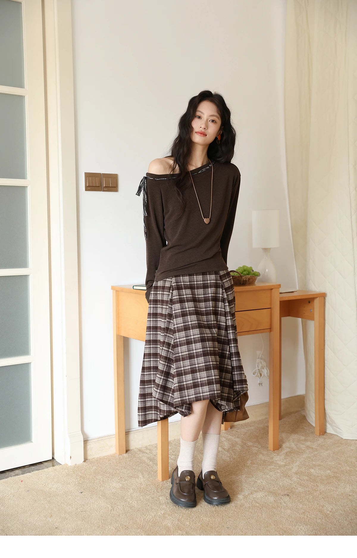 Mishow Slant Shoulder Dark Brown Strap Knit Top MXE45T1402