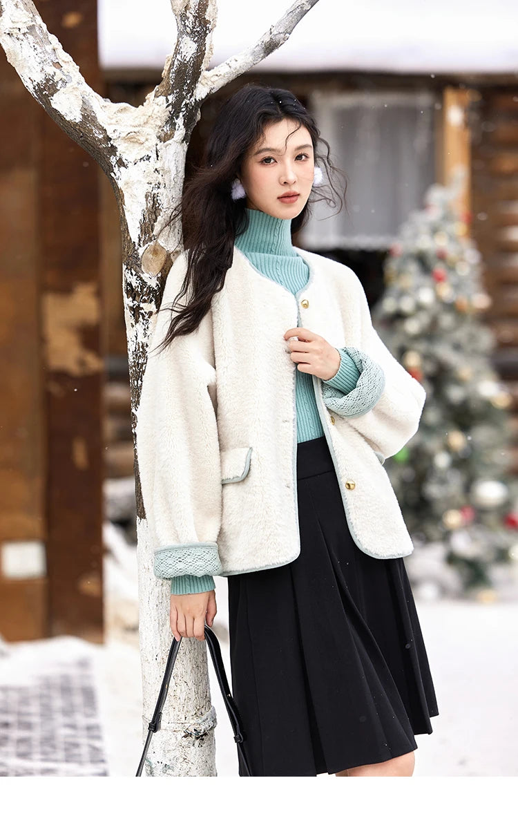 Mishow Lamb Wool Cuff Lace Metal Button Jacket MXD58W0740