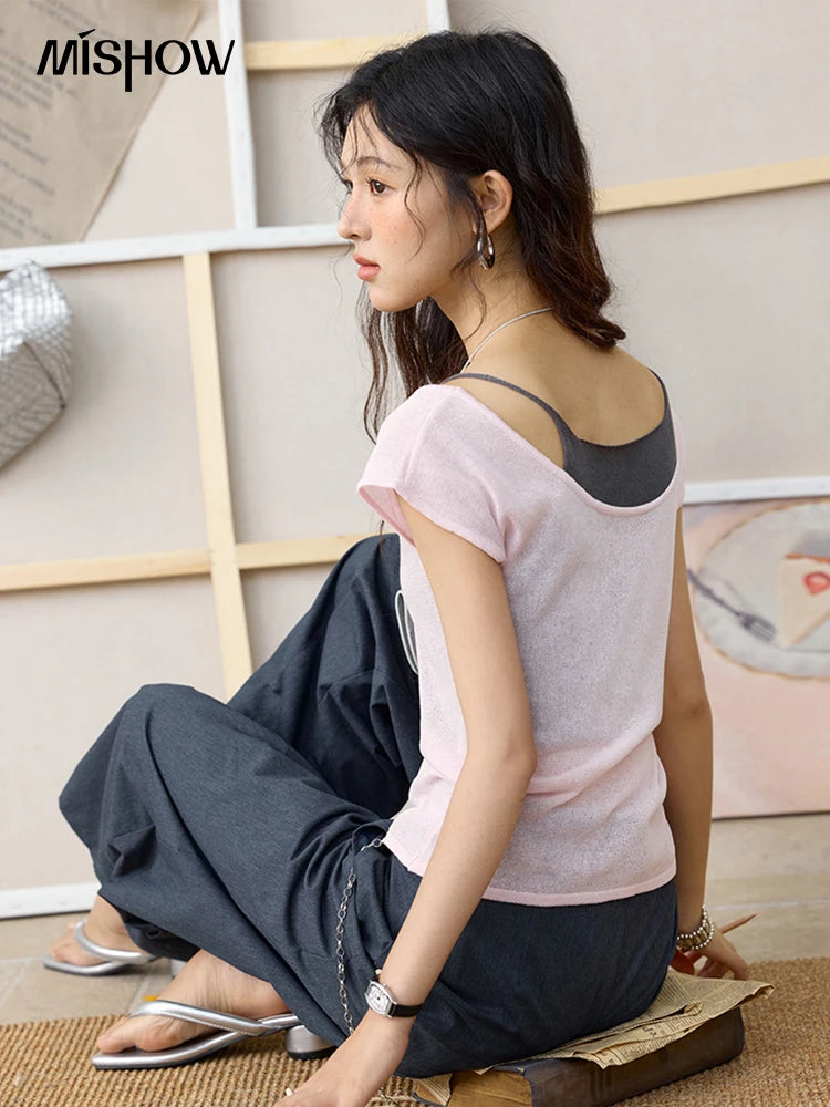 Mishow Linen Contrast Fake Two-Piece Knit Tee MXE36Z1277