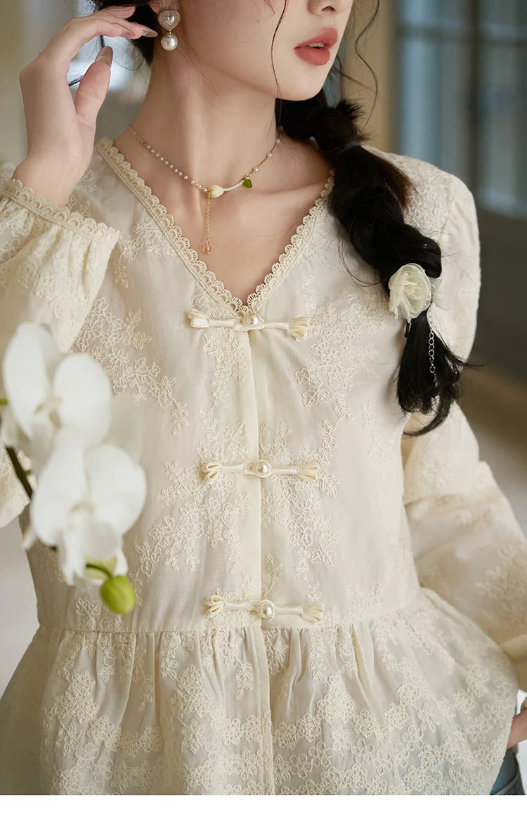 MISHOW Chinese Lace Blouse V-Neck Embroidery MXD14X1433