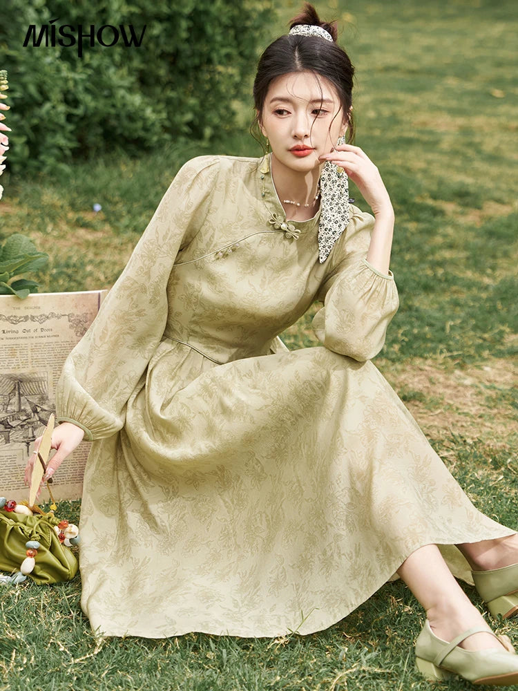 Mishow Chinese Cheongsam Green Puff Sleeve Dress MXD14L1767