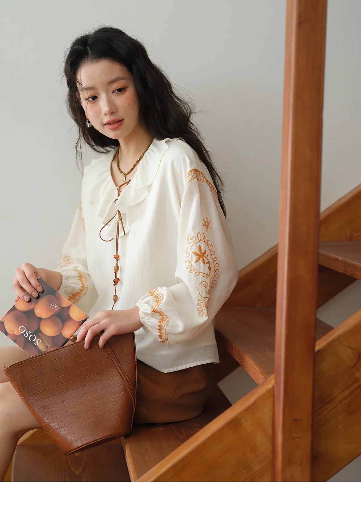MISHOW Embroidered Blouse Ruffle V-Neck Lace Up MXE43X1987
