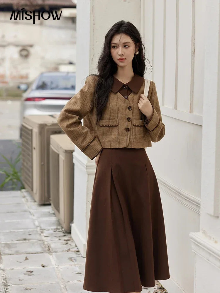 Mishow Plaid Tweed Jacket & Pleated Midi Skirt Set MXD46W0460