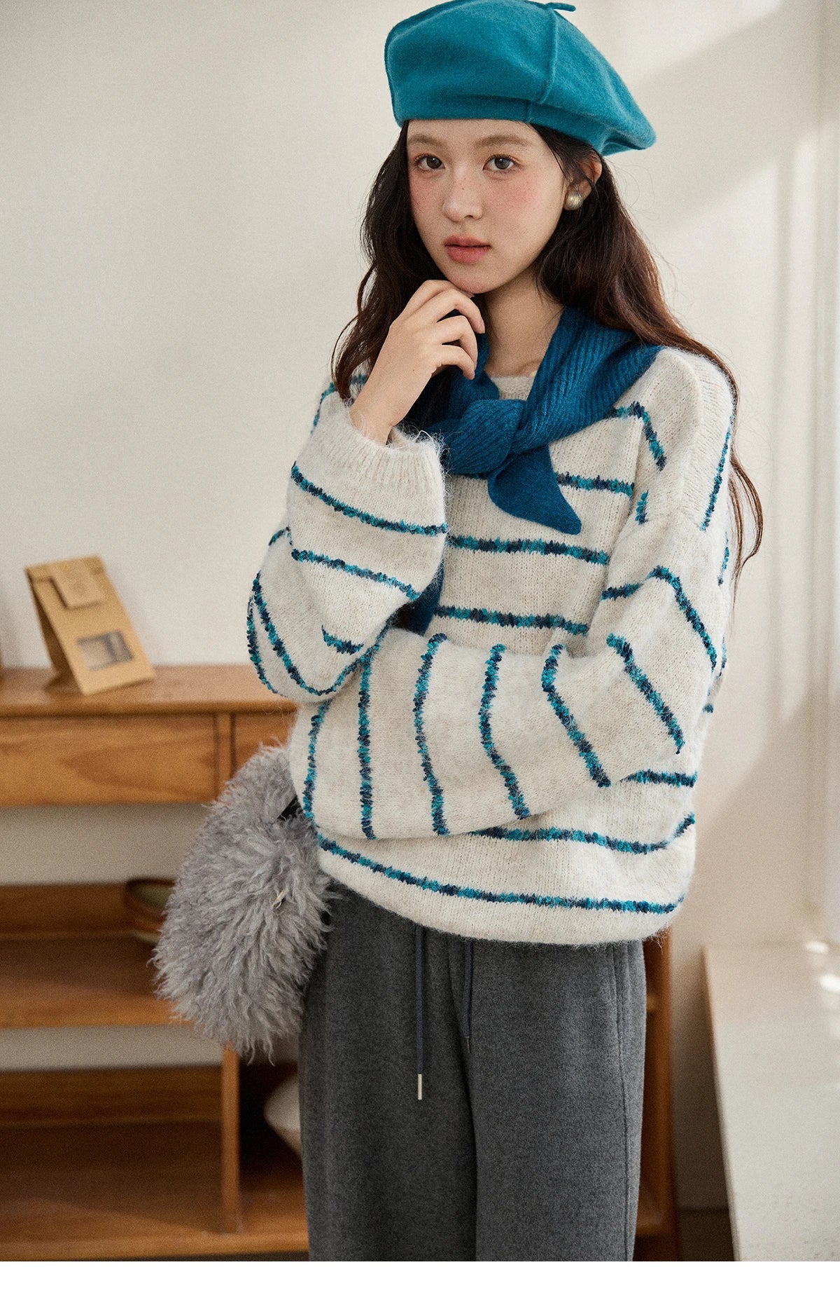 Mishow Blue Striped Alpaca Wool Sweater with Scarf Set MXE90Z2821