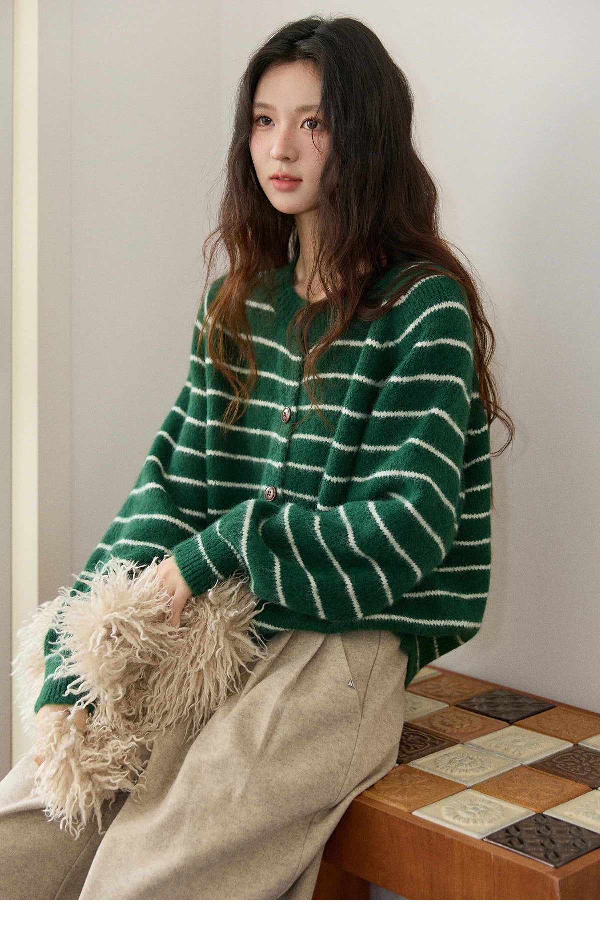 Mishow Green Striped Wool Blend Retro Cardigan MXE86Z2735