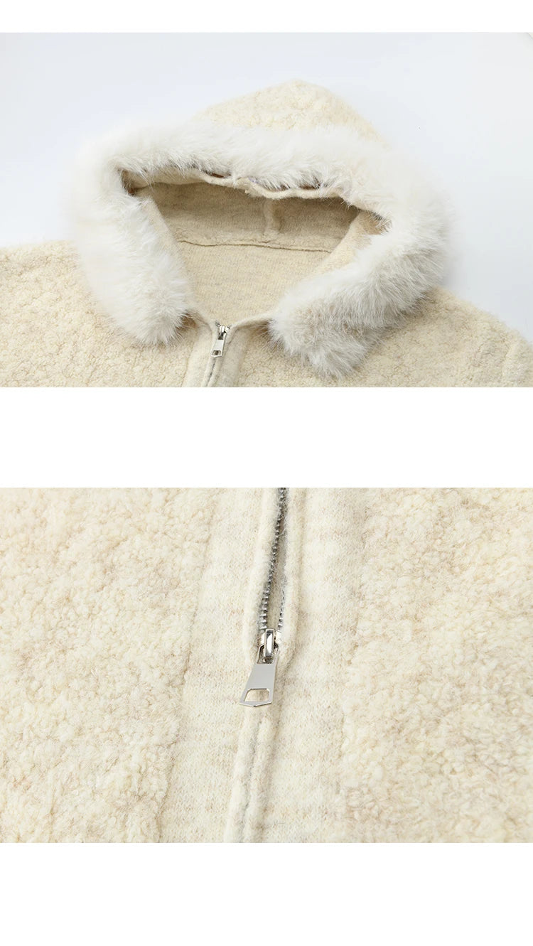 Mishow Beige Fur Hood Zipper Cardigan MXE94Z2963
