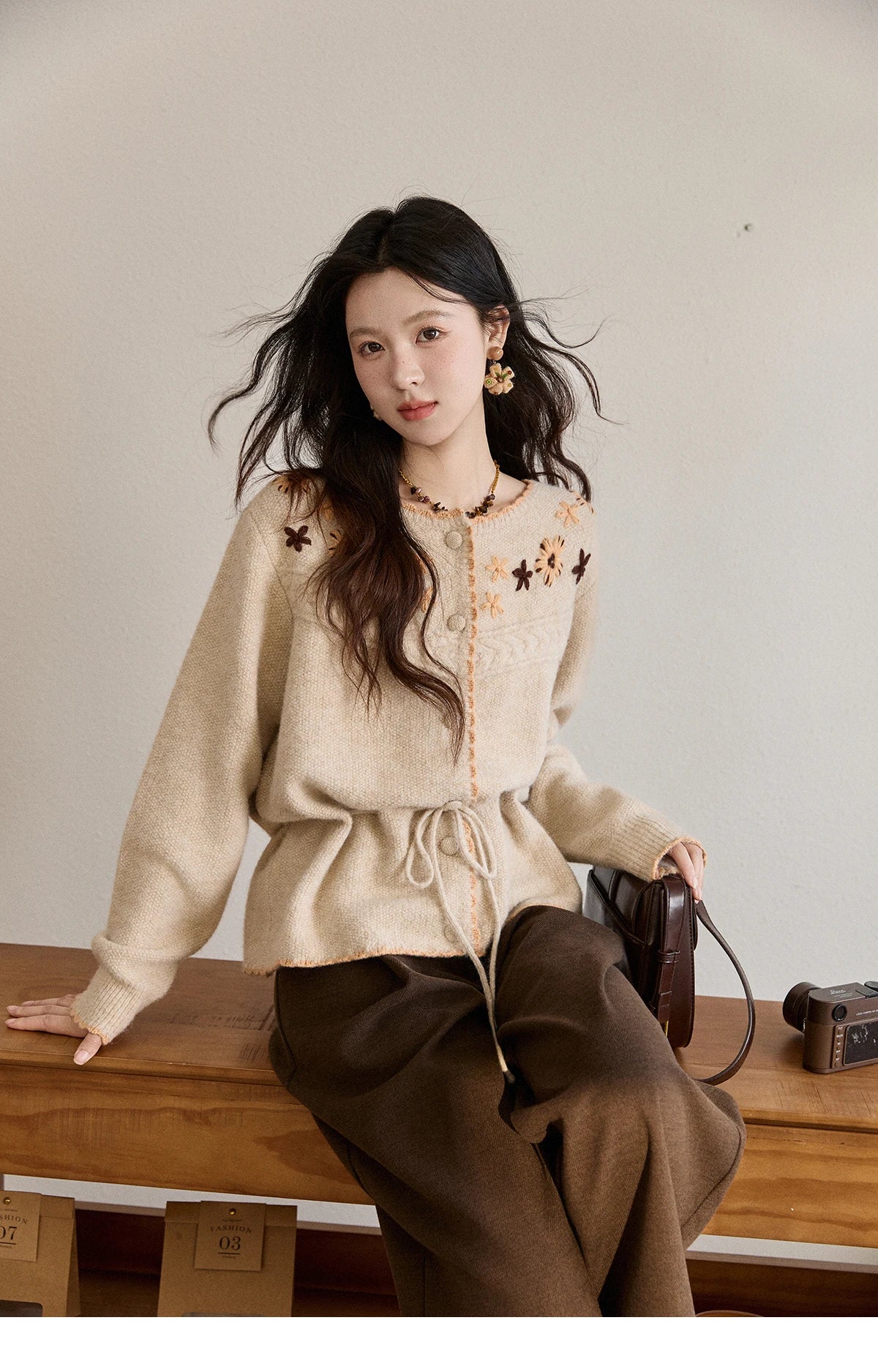 Mishow Apricot Hand-Embroidered Wool Blend Waist Tie Cardigan MXE87Z2702