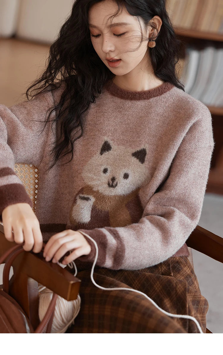 Mishow Faux Sable Cartoon O-Neck Loose Pullover MXD45Z0860