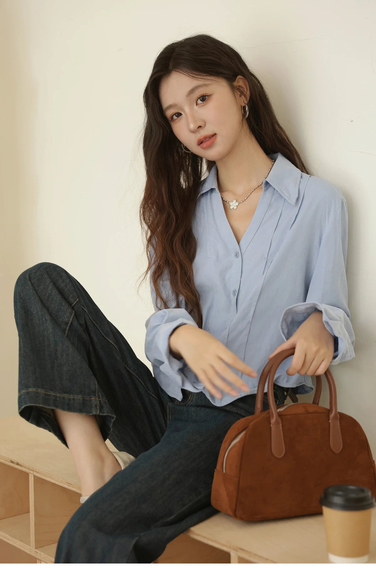 MISHOW Blue Peach Skin Velvet Shirt Lapel V-Neck Pleated Cuffs MXE44C2392