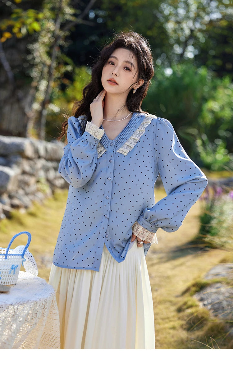 MISHOW Lace Patchwork Polka Dot Shirt V-Neck Hollow Out MXE12X1707