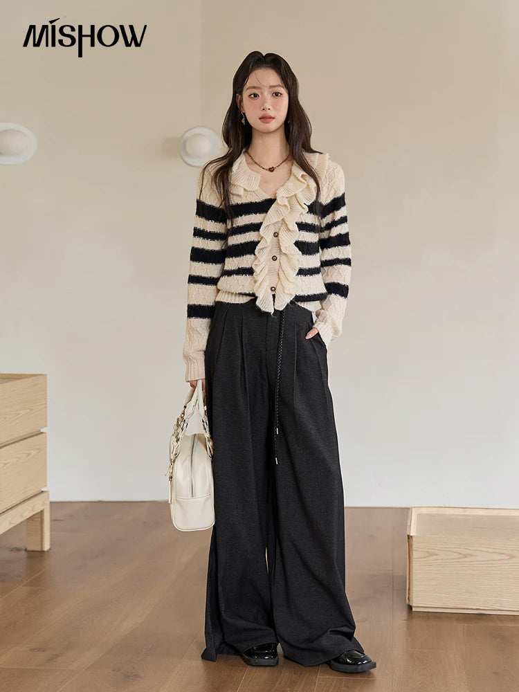 Mishow Striped Asymmetrical Ruffled Cardigan MXE51Z2633