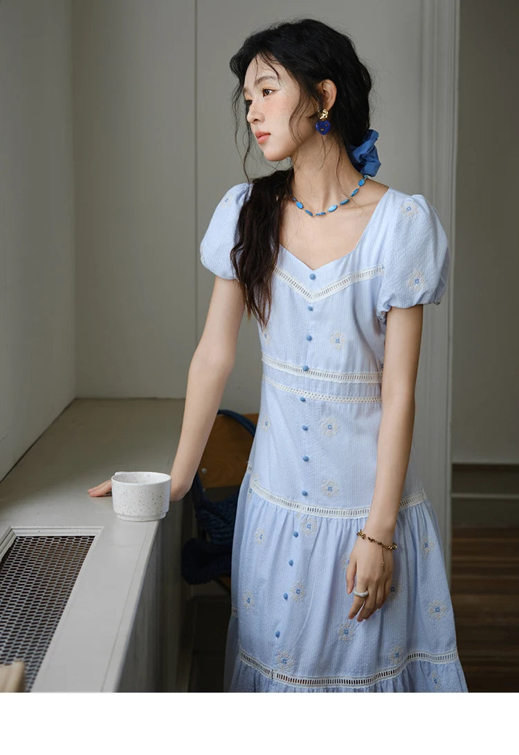 Mishow French Sweet Flower Embroidery Puff Sleeve Dress MXE35L2271