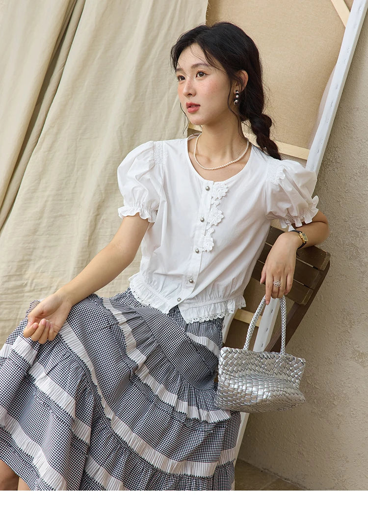 MISHOW Lace Puff Sleeve Shirt Flower Buttons Hem Elastic MXE34X1820