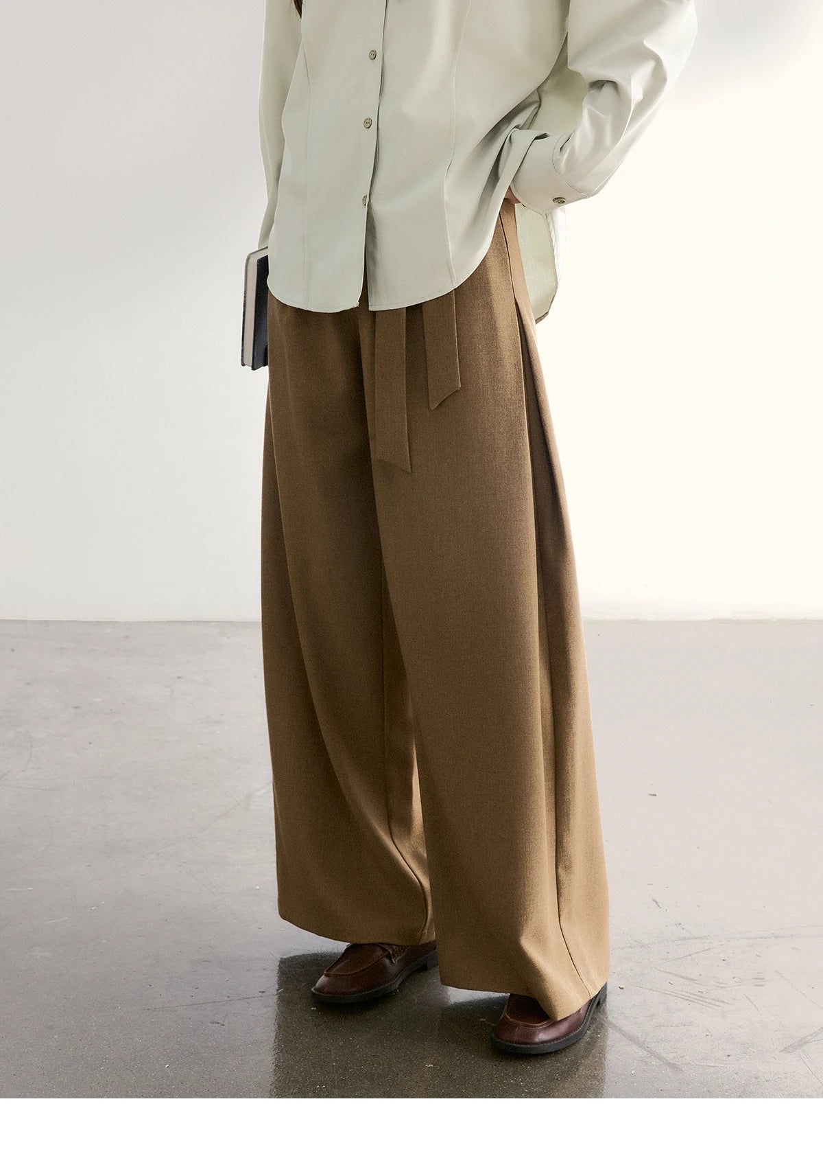 MISHOW Brown Wide Leg Pants Strap Design High Waist Elastic MXF11K1134