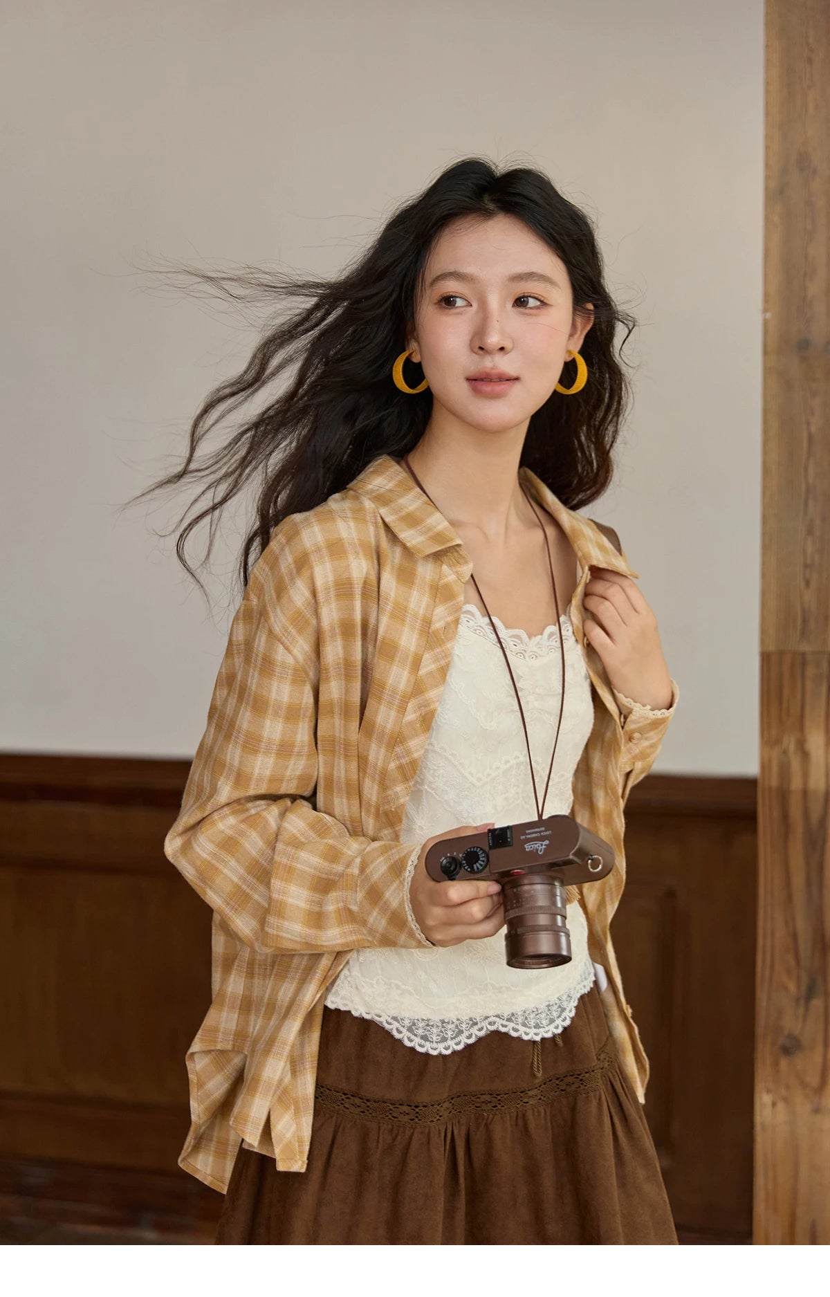 MISHOW Retro Plaid Shirt Lace Pocket Lapel Collar MXE43C2378