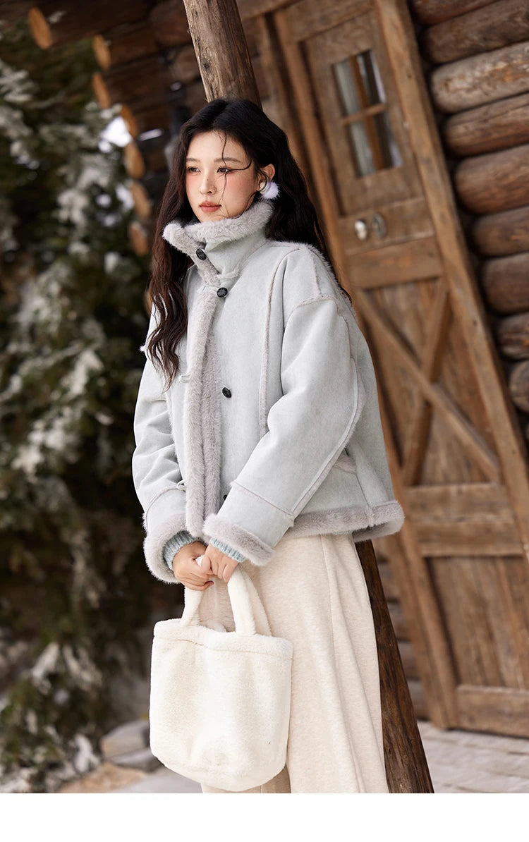 Mishow Suede Plush Fur Collar Jacket with Bag MXD57W0737