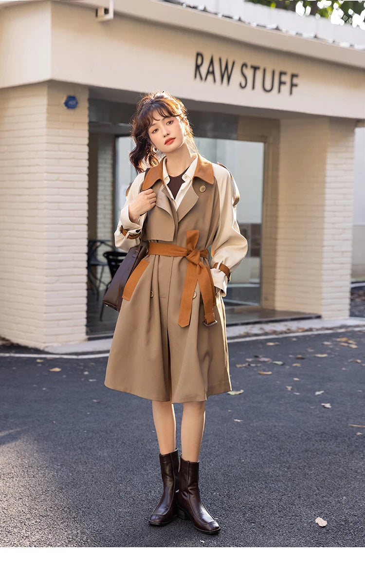Mishow Khaki Contrast Color Spliced Trench Coat MXB31W0367