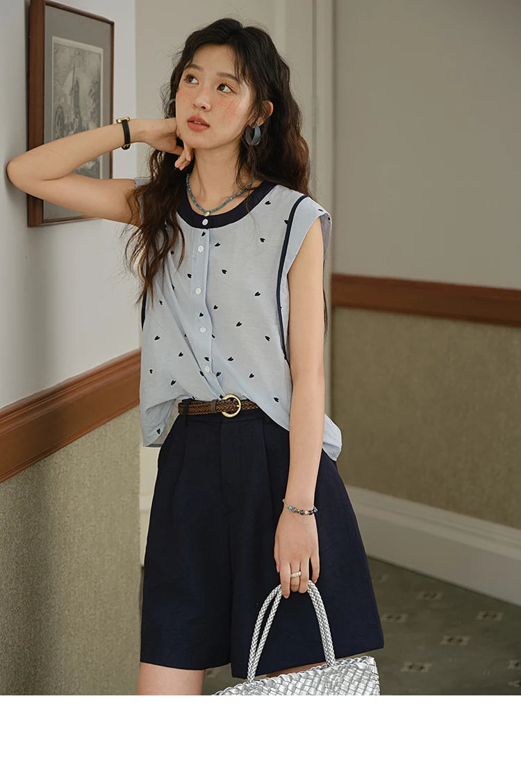 Mishow Sleeveless Button Shirt & High Waist A-Line Shorts Set MXE37T0656