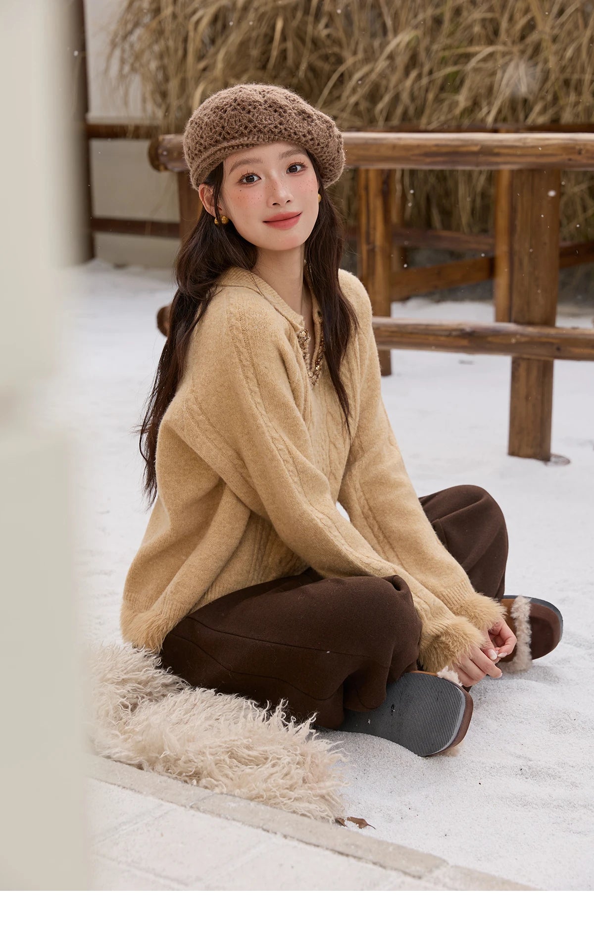 Mishow Yellow Cable Plush Hem Stitching Sweater MXE88Z2674