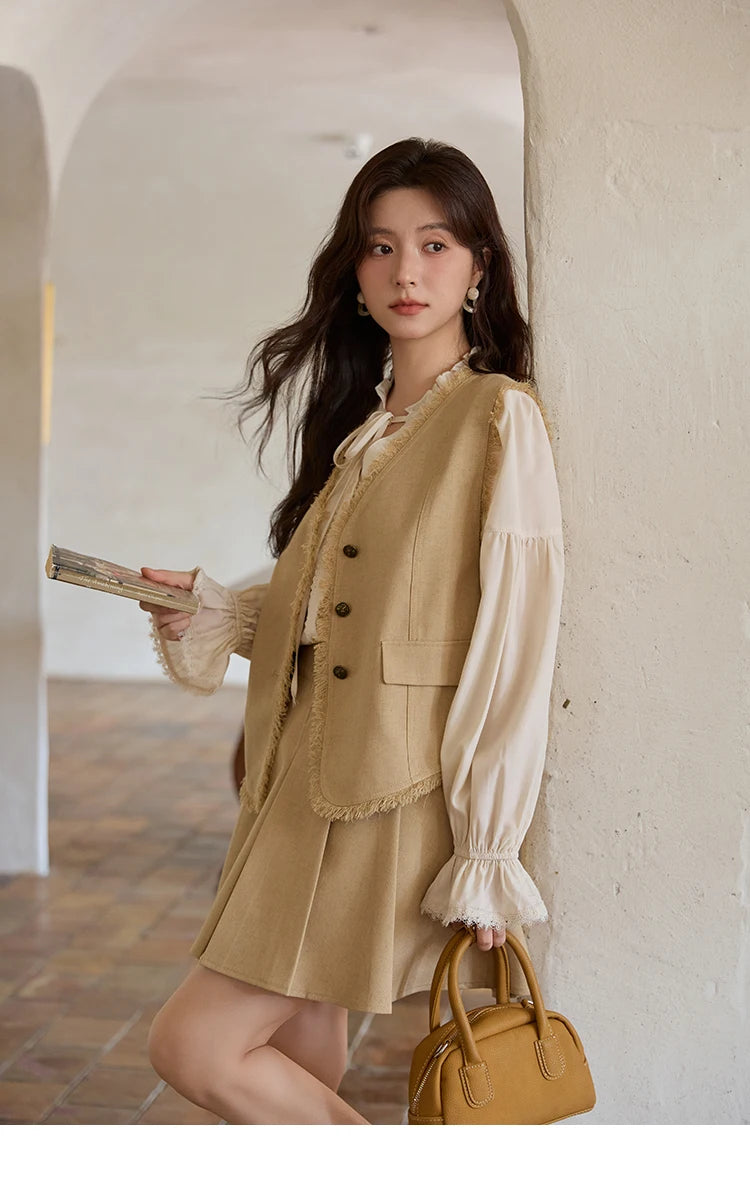 Mishow Khaki Selvedge Vest & Pleated Skirt Set MXE41T0690
